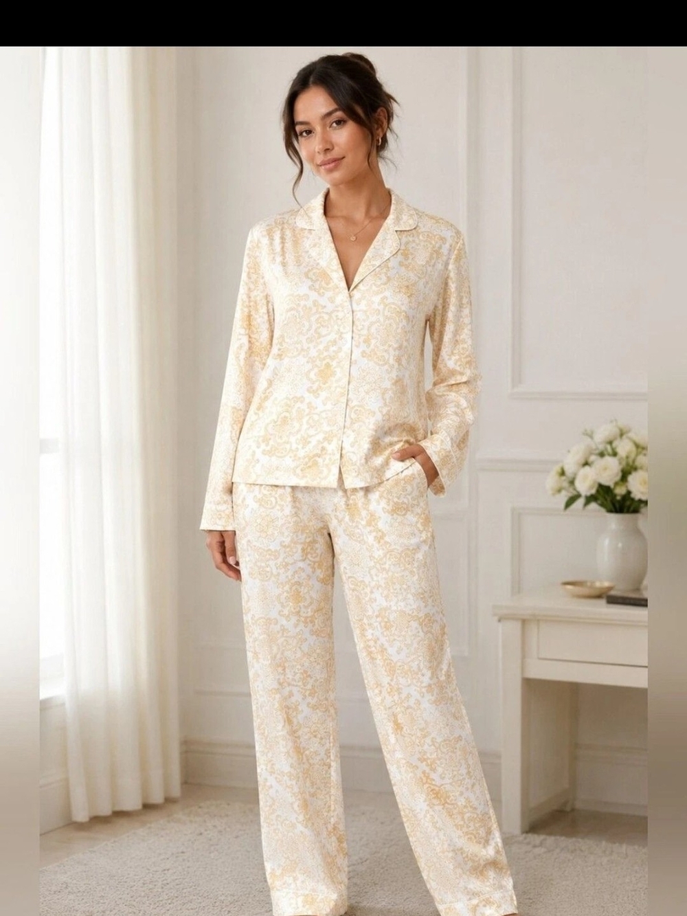 Natori Women's Size M Ivory Gold Paisley Pajama Set 2 Pc Button Front Sleepwear.
